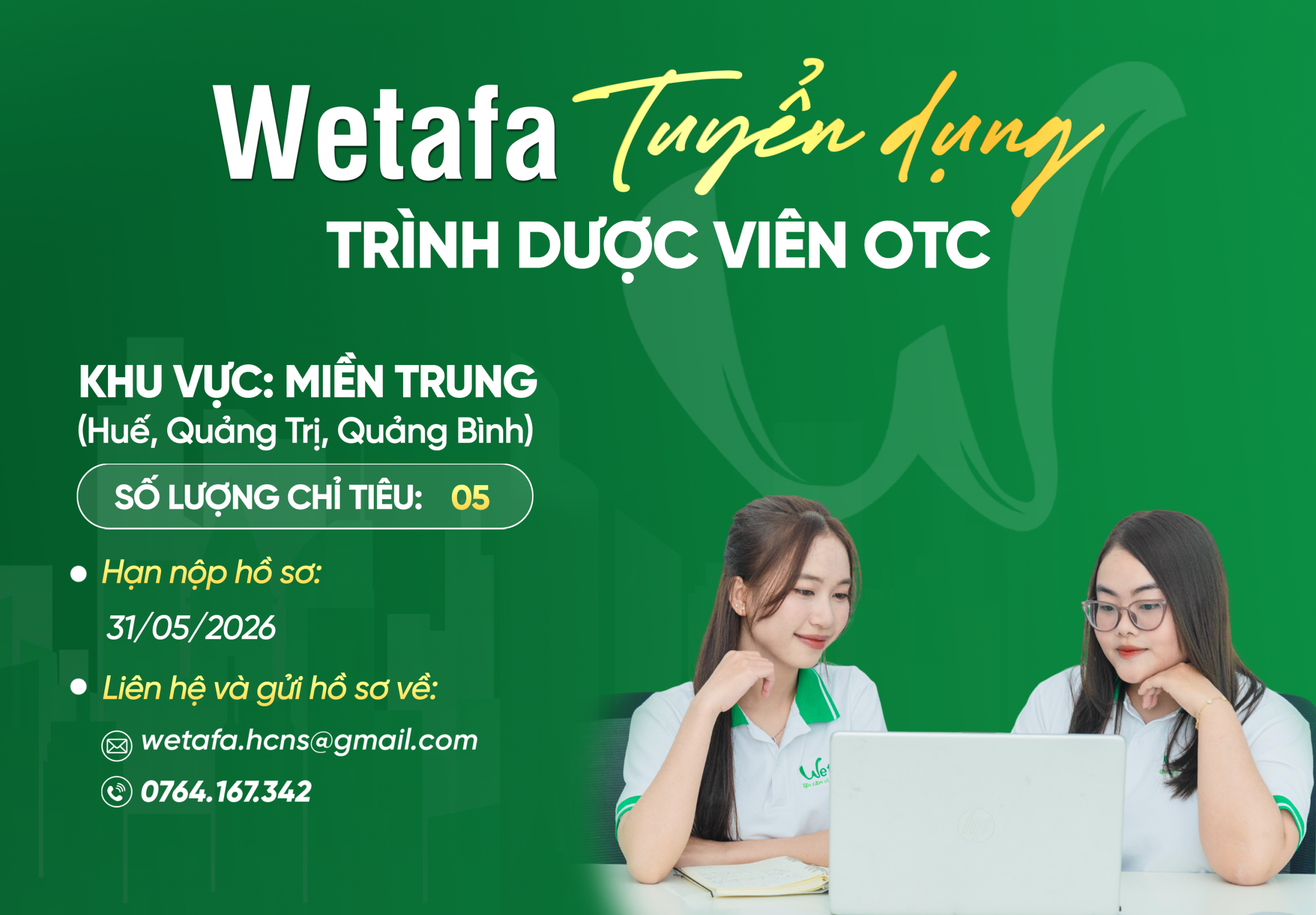 Tuyển dụng trình dược viên Wetafa khu vực miền Trung Huế Quảng Trị Quảng Bình 2026